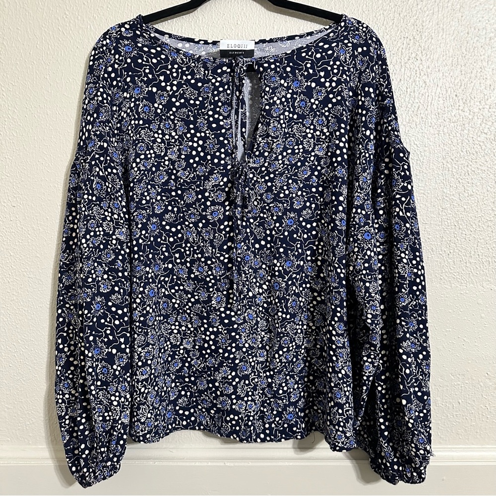 Eloquii Boho Balloon Sleeve Blue Floral Print Tunic Blouse